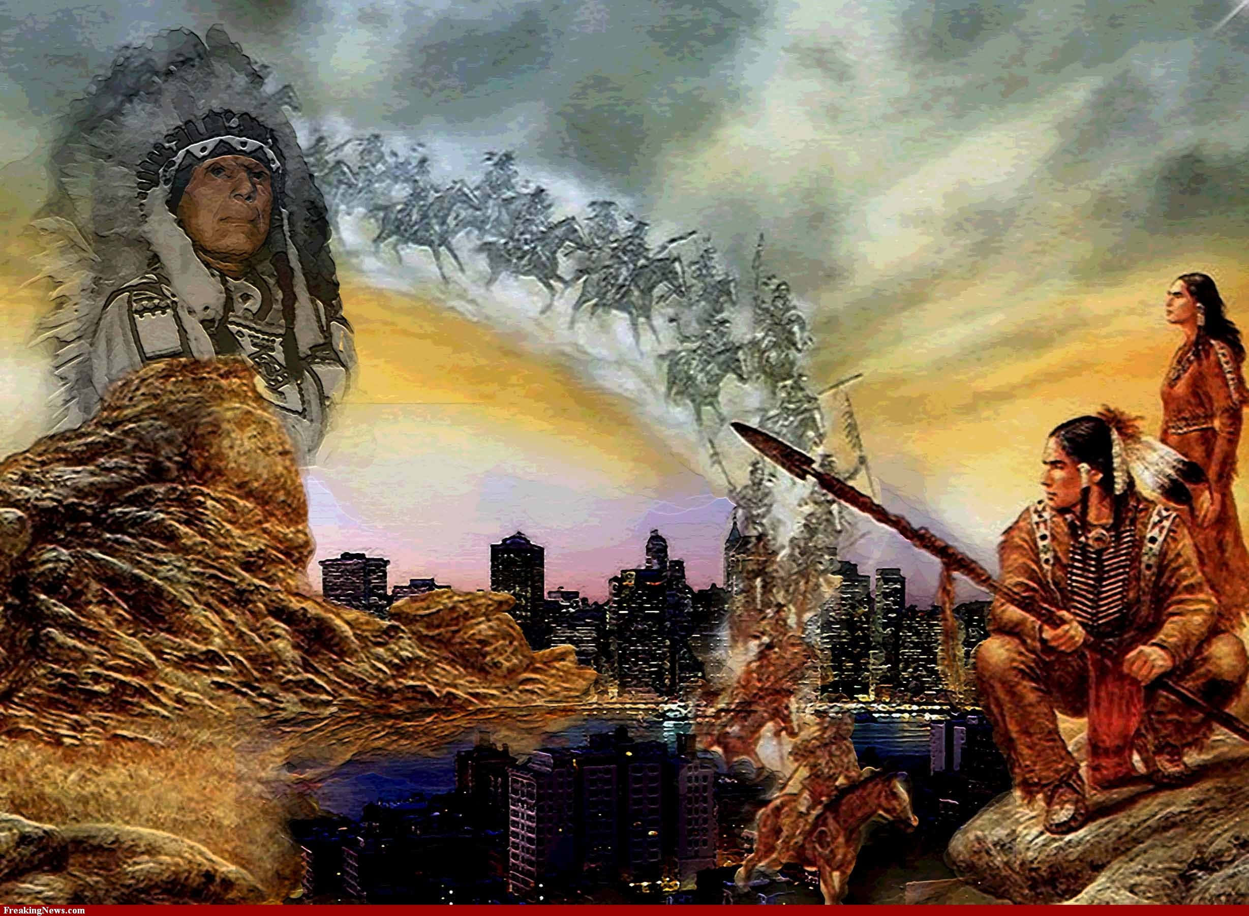 桌布 壁紙 — 美洲原住民戰士和領袖在戲劇性的天空下，以歷史與現代城市景觀的超現實融合呈現。