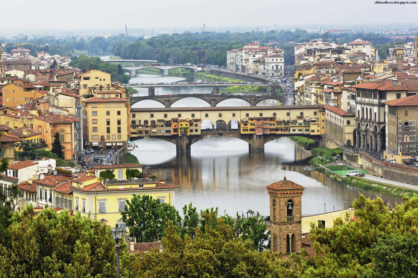 bridge 桌布 壁紙 — 義大利佛羅倫斯的全景視圖，展示標誌性的老橋（Ponte Vecchio）橫跨阿諾河，周圍有歷史建築和茂密的綠植。