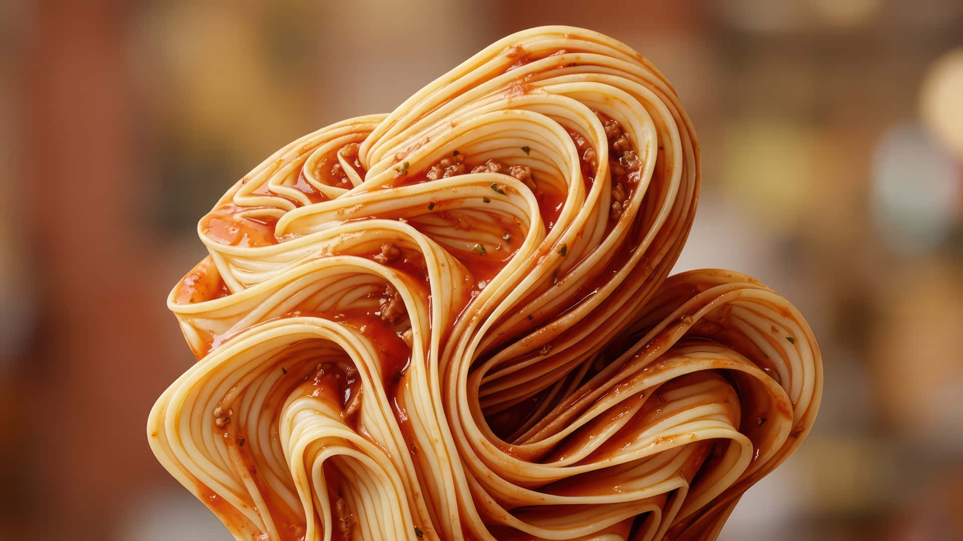 Italina spaghetti bloom modded wallpaper for desktop Enhancement, 壁紙 — 義大利麵扭成螺旋狀的特寫，配上濃郁的番茄醬和肉末，在溫暖燈光下閃閃發光。