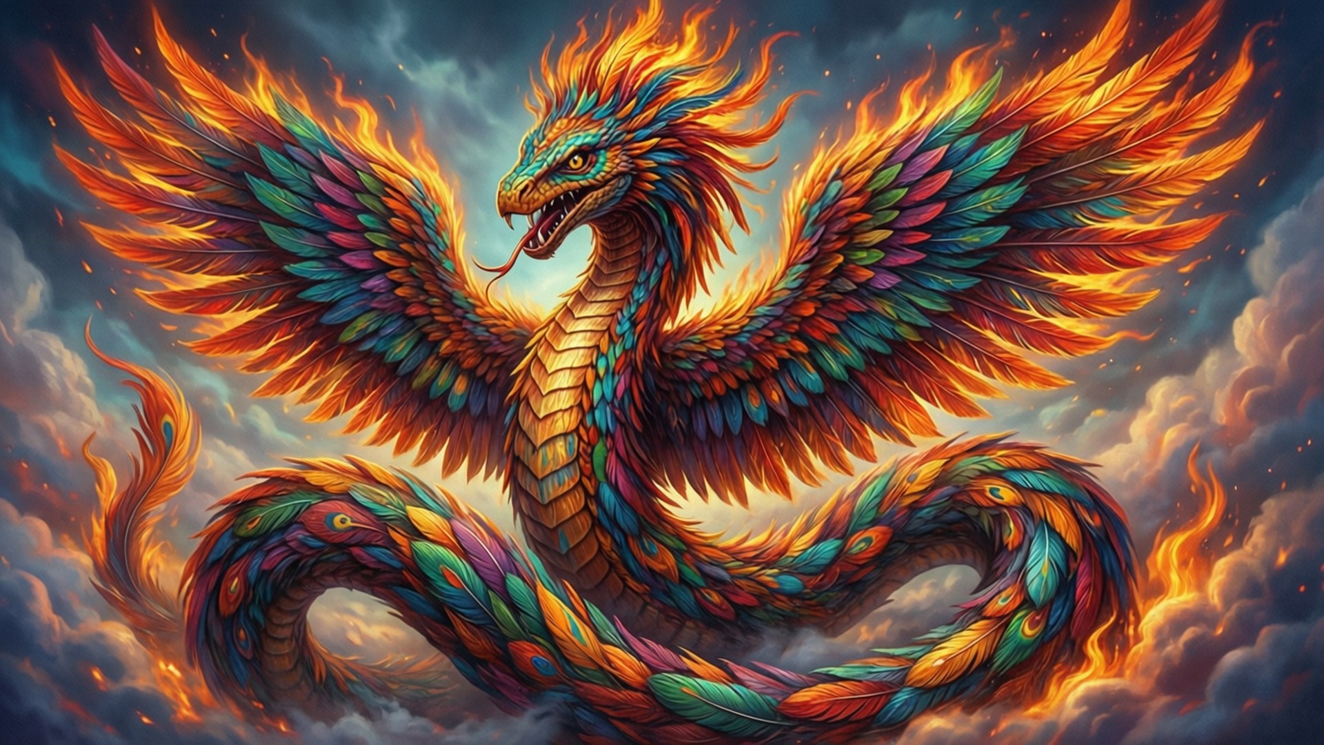 羽焰神蛇 壁紙 — 一隻雄偉多彩的鳳凰，帶著火焰般的翅膀，在戲劇性的暴風雨中翱翔，羽毛閃爍著鮮豔的色彩。