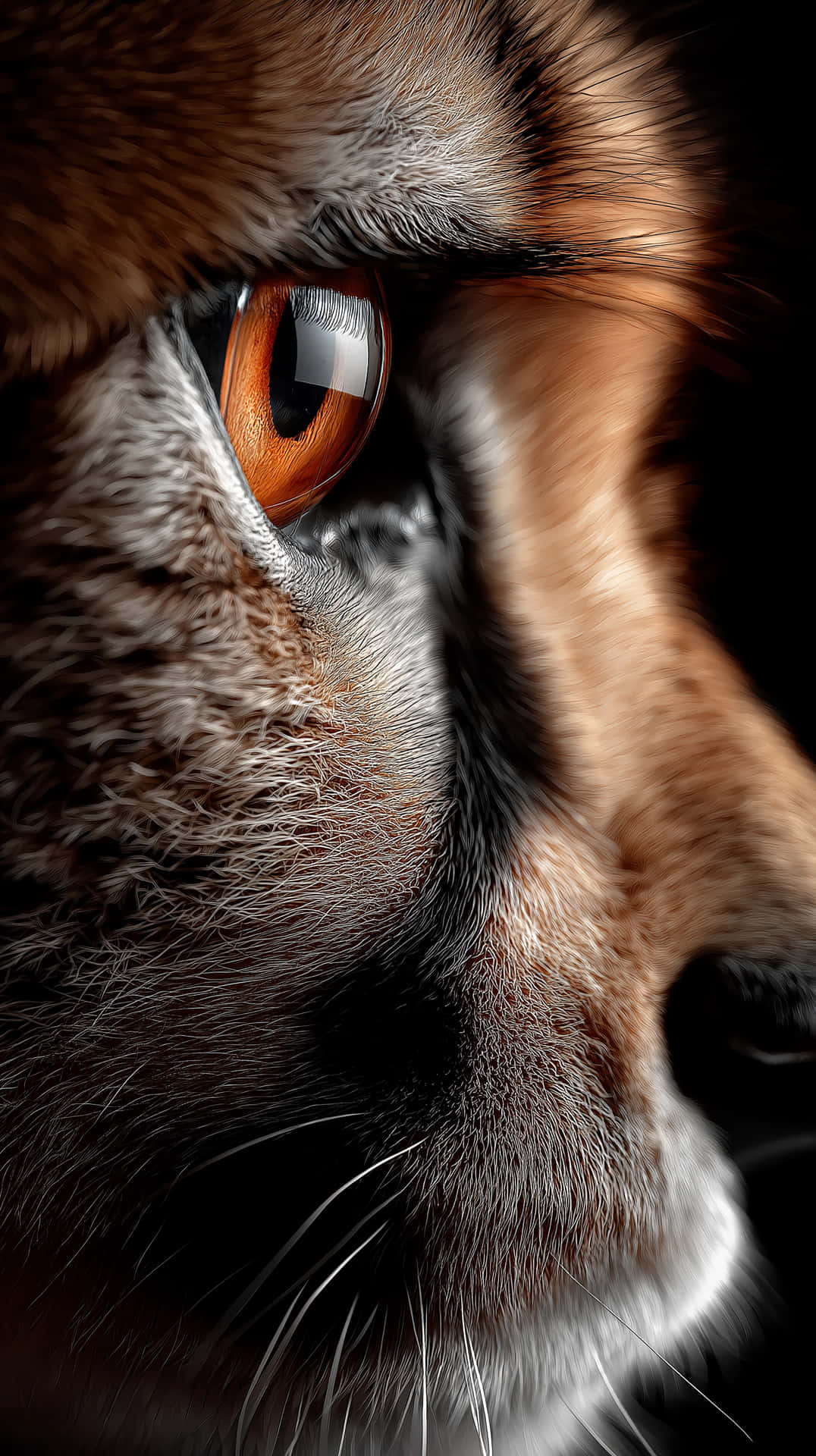 Fierce Cheetah Eye Macro Focus and Fur Texture Detail 壁紙 — 老虎強烈琥珀色眼睛的特寫，帶有詳細的毛髮和鬍鬚，背景為深色。