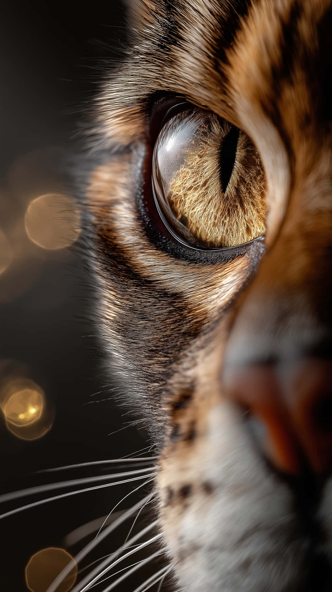 Striking Cheetah Eye Macro with Bokeh Light Reflections 壁紙 — 老虎金色眼睛的特寫，帶有銳利條紋和背景中柔和散景燈光。