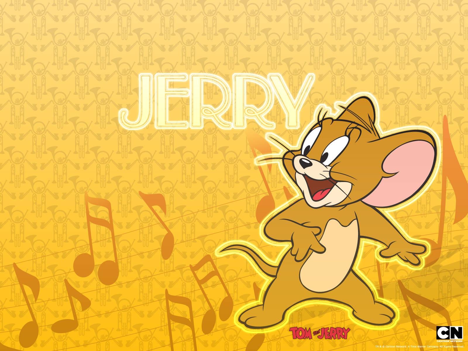 tom and jerry iPhone 桌布 壁紙 — 老鼠傑利在金色圖案背景中，伴隨著飄浮的音符快樂地跳舞。