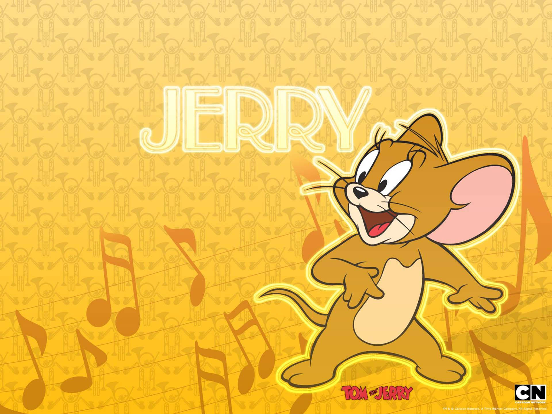 Jerry 桌布 壁紙 — 老鼠傑瑞在金色圖案背景上漂浮的音符中歡快地跳舞。