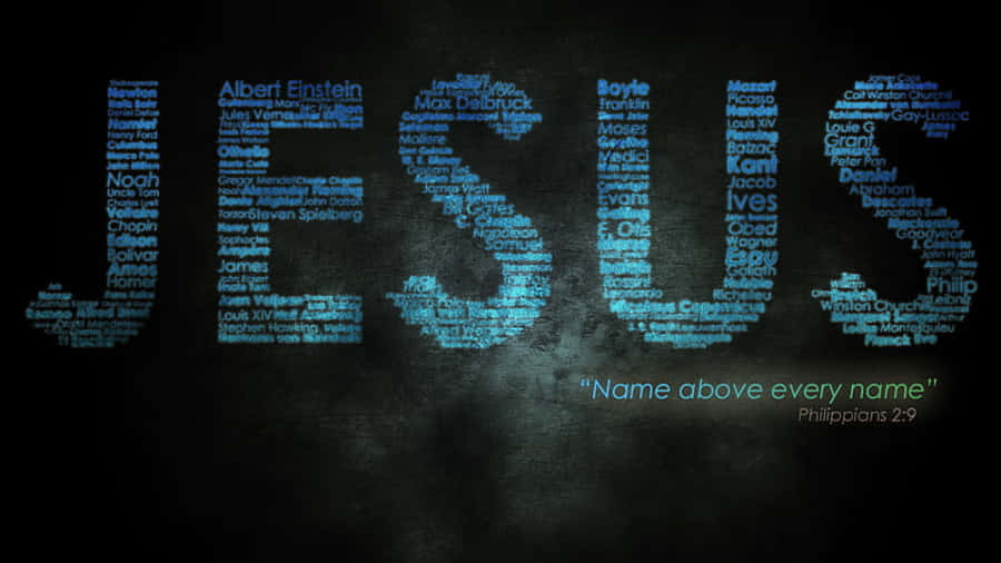 Jesus Name 桌布 壁紙 — 「耶穌」一詞由著名人物的藍色發光名字在深色紋理牆壁上形成，下方有聖經經文。