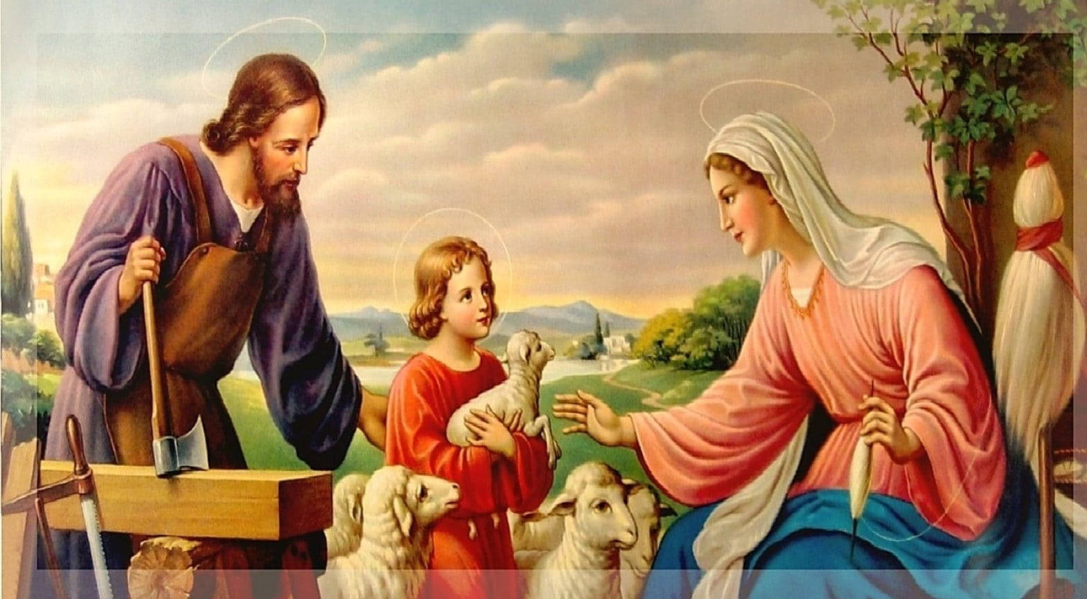 Mary 桌布 壁紙 — 耶穌、瑪利亞和小孩與羊在柔和雲朵下的田園風光中。