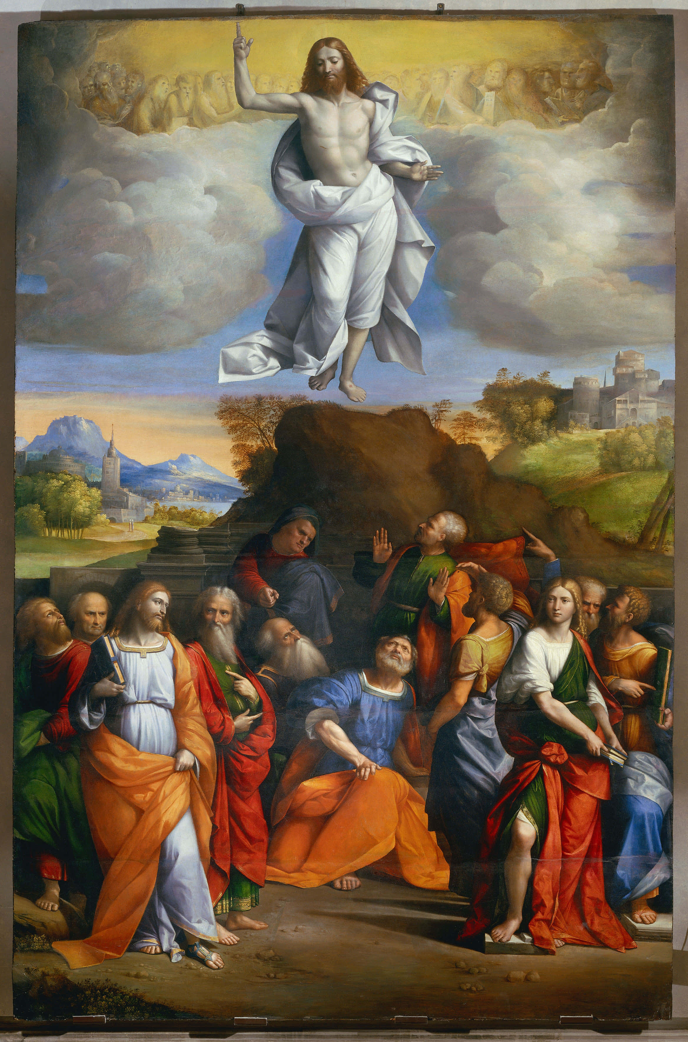 Jesus In Heaven 桌布 壁紙 — 耶穌升天，使徒們在雲天和遠景的襯托下敬畏地仰望。