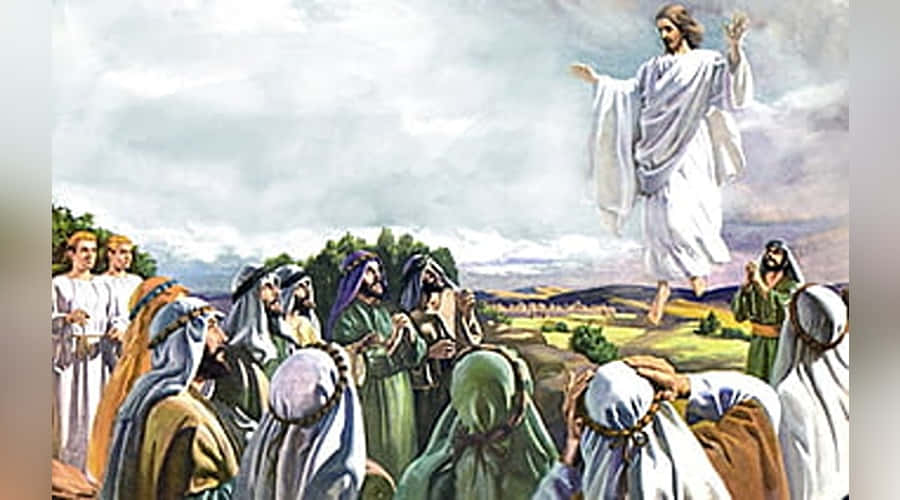 Apostle 桌布 壁紙 — 耶穌升天，門徒在雲天之下、起伏山巒之上敬畏地仰望。