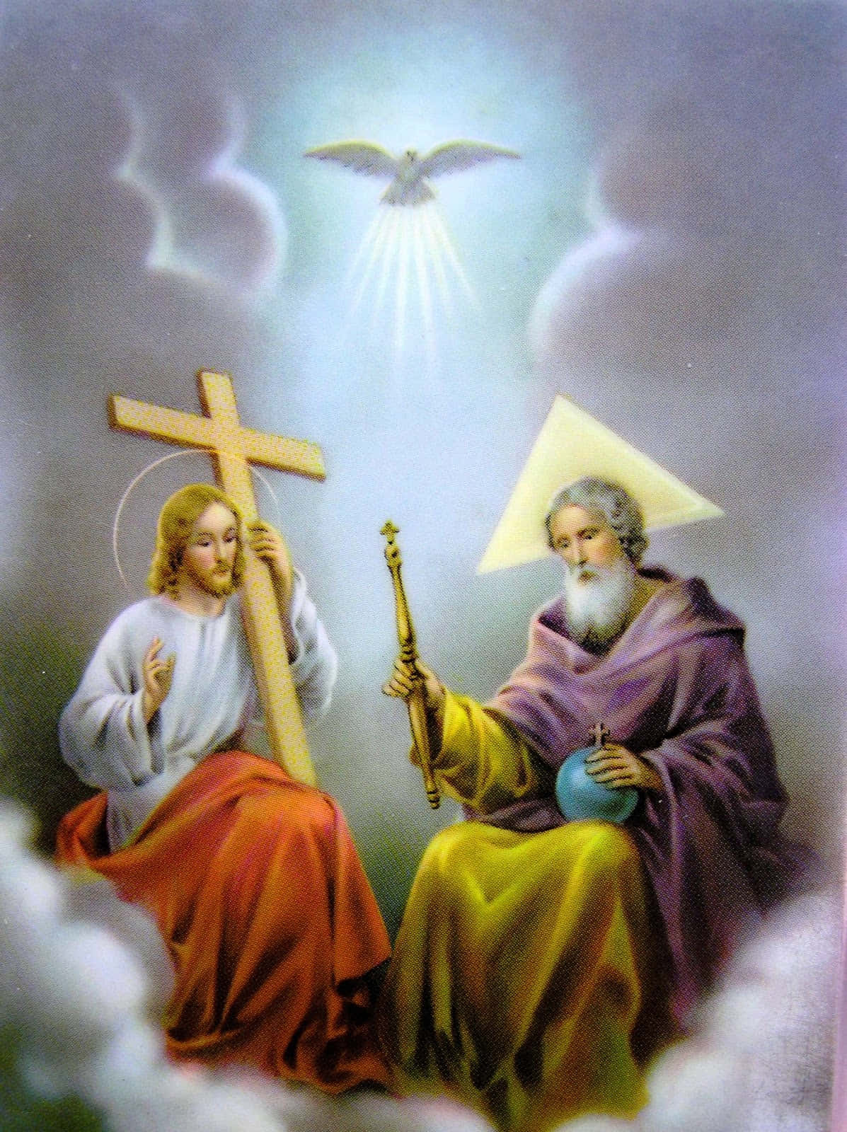 Holy 桌布 壁紙 — 耶穌和天父坐在雲端，手持十字架和杖，鴿子在神聖光芒中降臨。