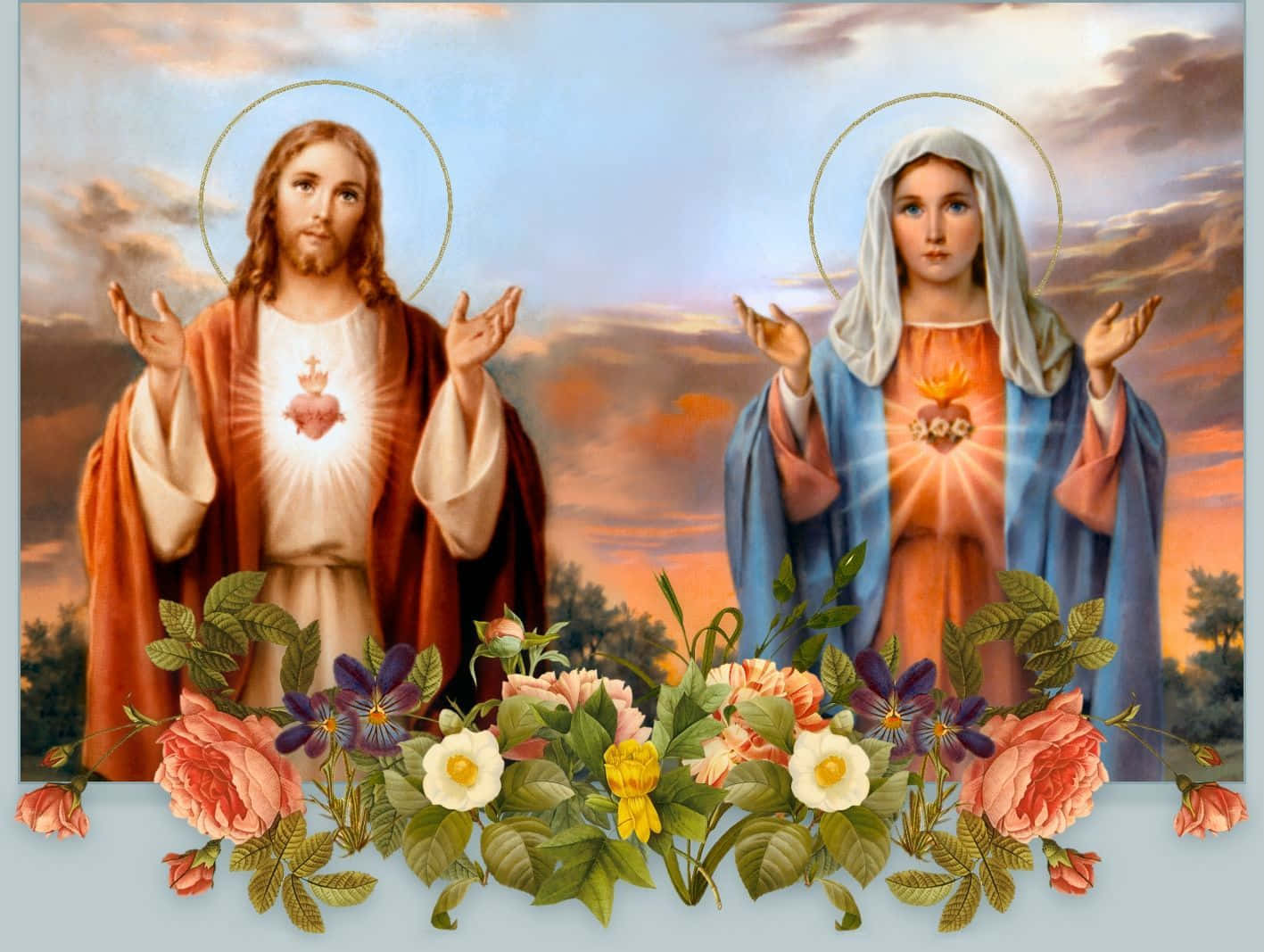 Mother Mary 桌布 壁紙 — 耶穌和瑪利亞帶著光環和發光的心臟，站在夕陽天空背景下充滿活力的花卉佈置後面。