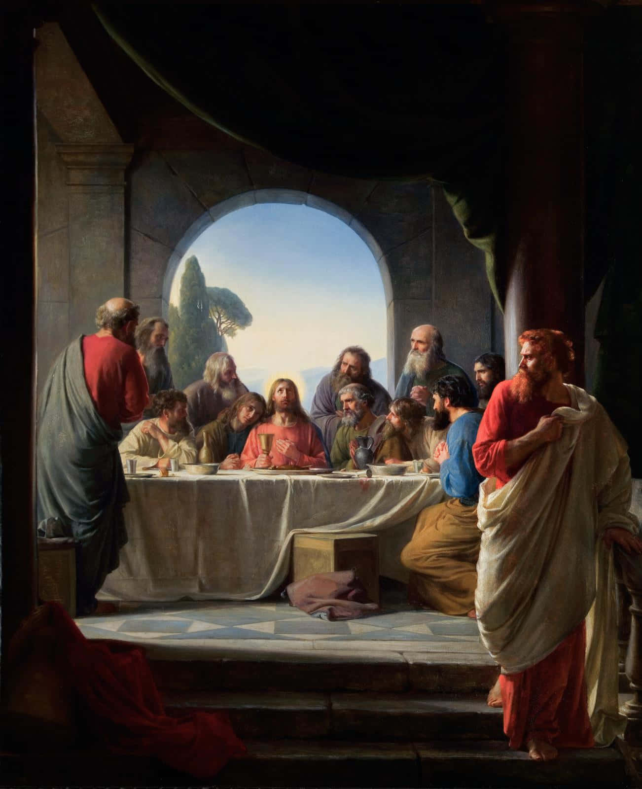 The Last Supper 桌布 壁紙 — 耶穌和門徒聚集在一個石室內的桌子旁，拱形窗戶展現出寧靜的戶外景色。