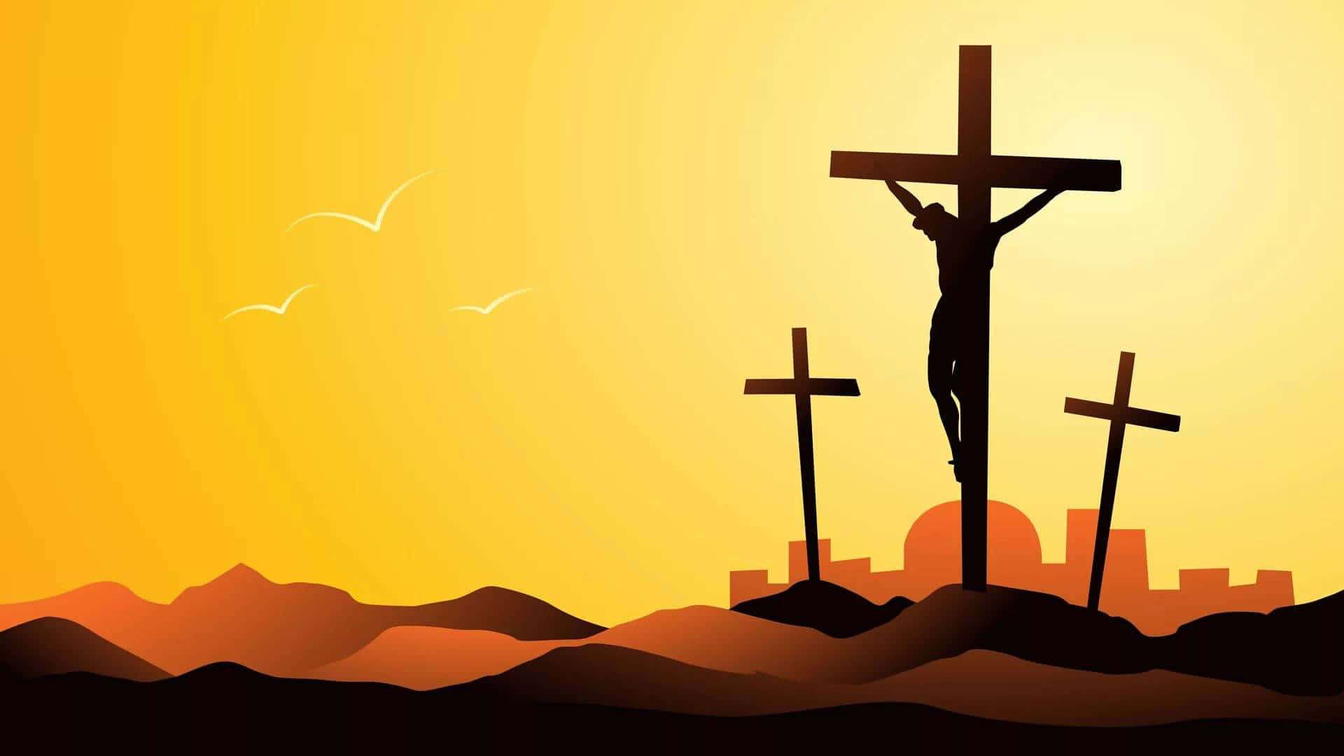 Good Friday 桌布 壁紙 — 耶穌在十字架上的剪影，夕陽下，兩個空十字架和飛鳥襯托著金色的天空。