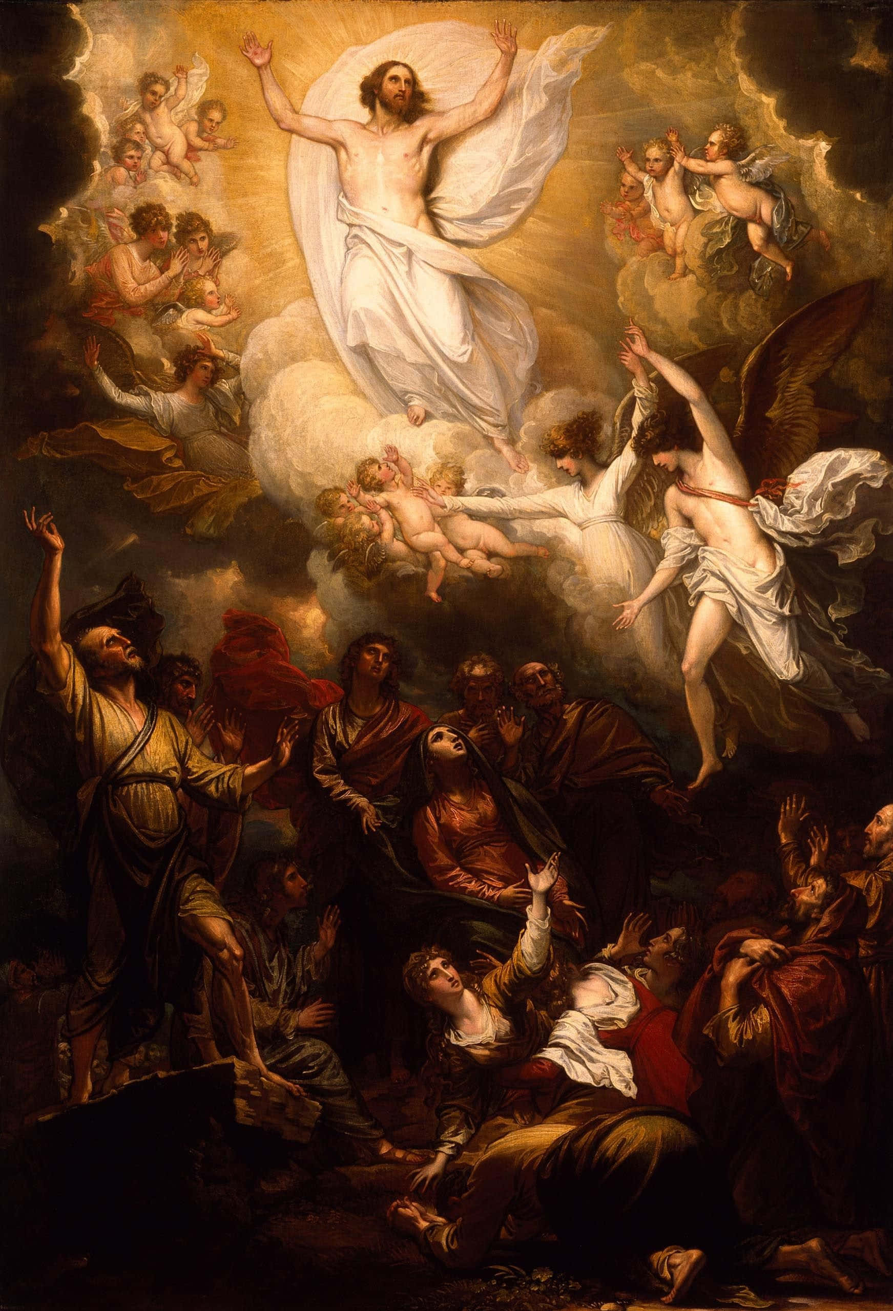 Jesus Resurrection 桌布 壁紙 — 耶穌在戲劇性的巴洛克宗教畫中，被天使和使徒環繞著升天。