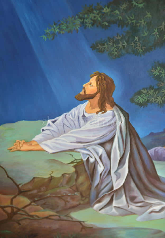 Jesus Praying 桌布 壁紙 — 耶穌在樹下跪地祈禱，神聖的光芒從天而降，構成一幅寧靜的宗教畫作。