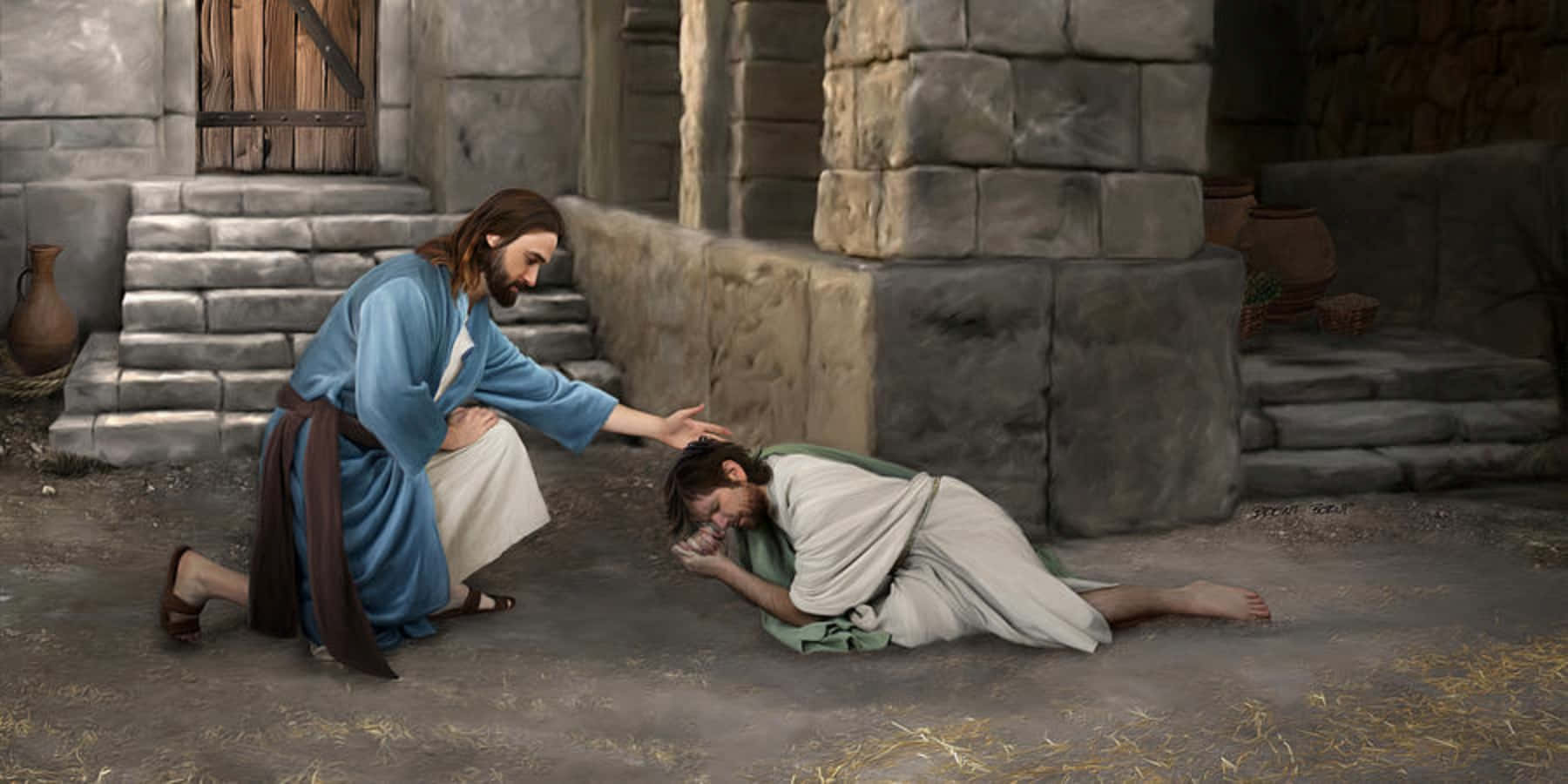 Forgiving 桌布 壁紙 — 耶穌在石頭庭院中跪在一個跌倒的人旁邊，提供醫治的觸摸。