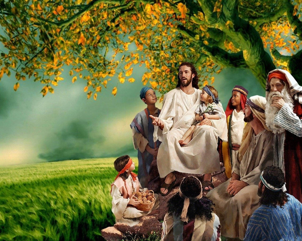 Christ 桌布 壁紙 — 耶穌坐在一棵金葉樹下，在寧靜的綠色田野中教導一群人。