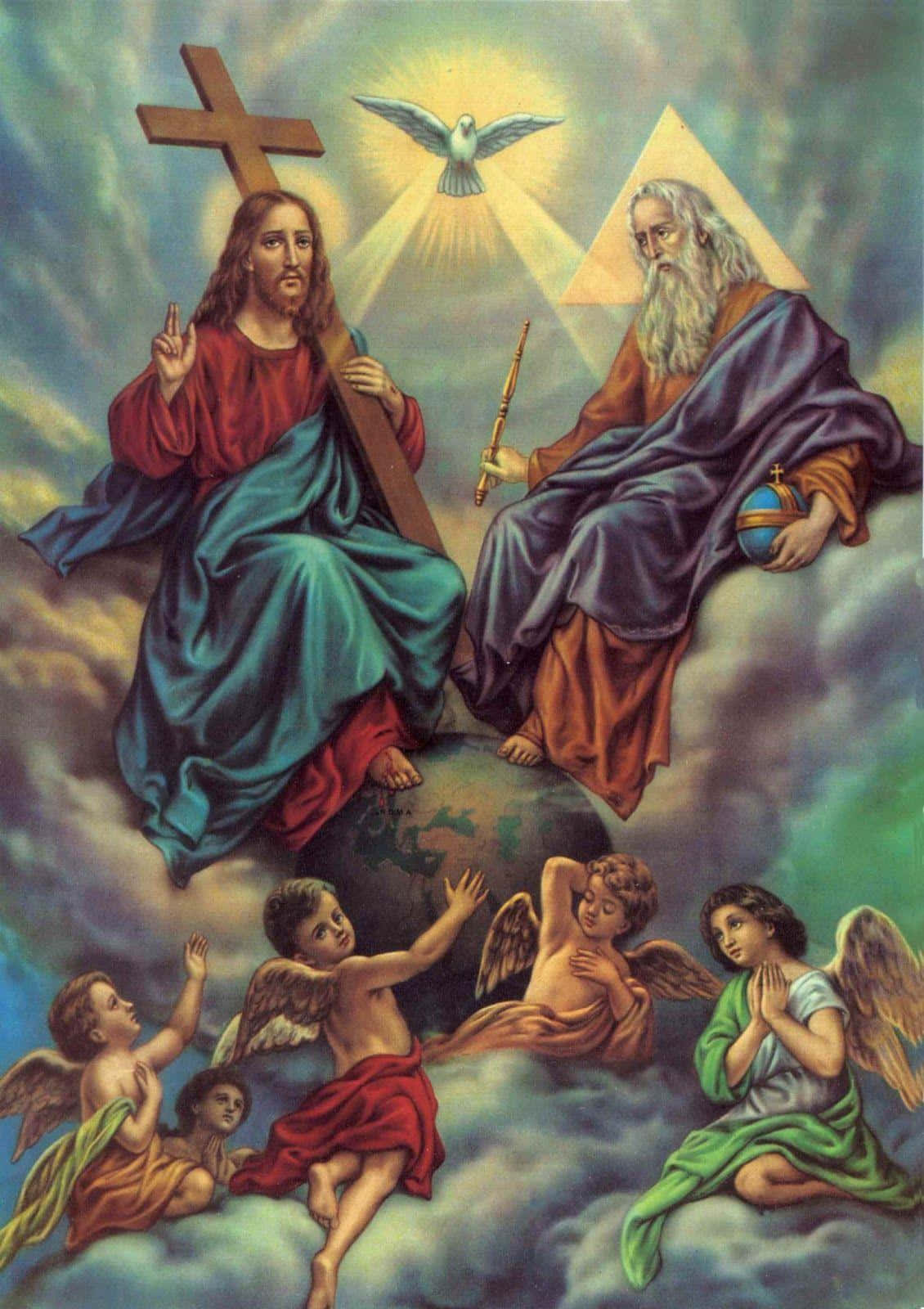 Holy Trinity 桌布 壁紙 — 耶穌基督、天父上帝和聖靈的神聖三位一體，描繪有天使在雲端之上環繞地球。