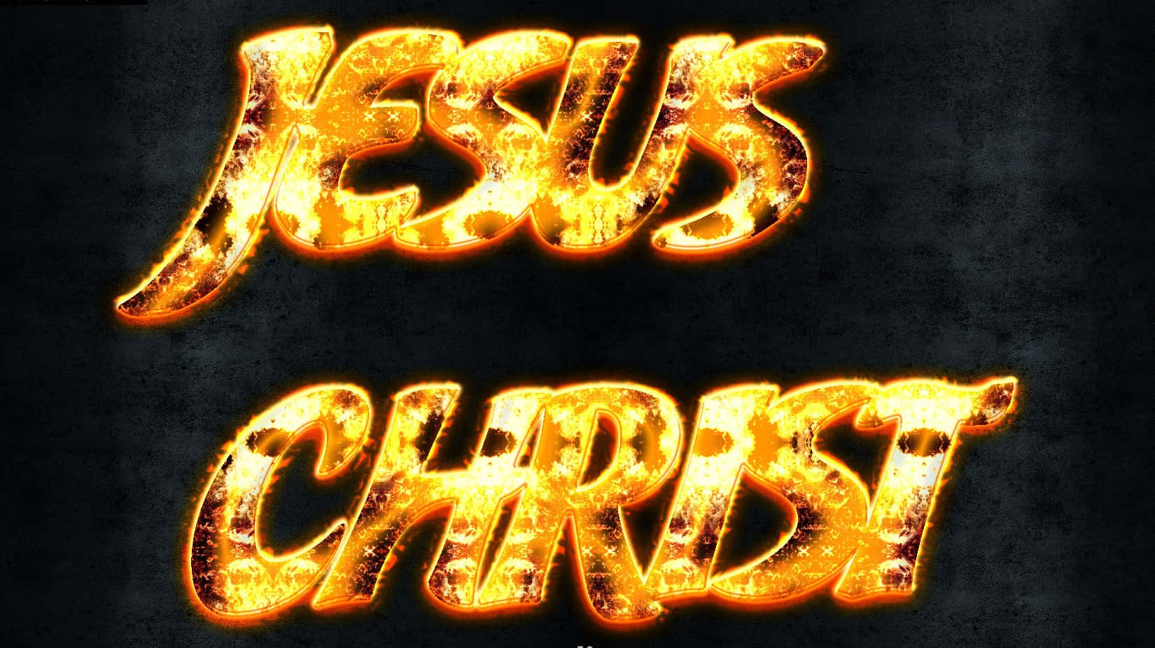 Jesus Name 桌布 壁紙 — 「耶穌基督」這幾個字在深色紋理背景上散發出火熱的橙色和黃色光芒。