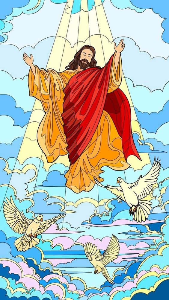 Aesthetic Jesus 桌布 壁紙 — 耶穌基督升天，被白鴿和穿透彩色雲層的燦爛金光所環繞。