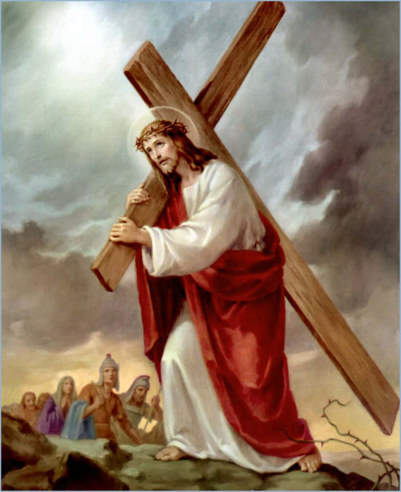 Jesus Praying 桌布 壁紙 — 耶穌基督在暴風雨的天空下背負木製十字架，追隨者在下方觀看。