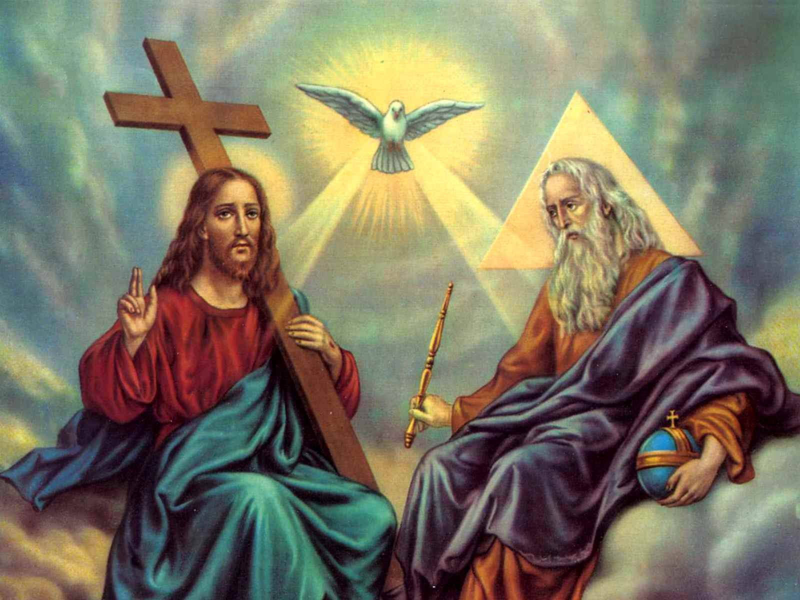 Christ 桌布 壁紙 — 耶穌基督在神聖天國場景中，旁邊有聖父、鴿子和光芒，手持十字架。