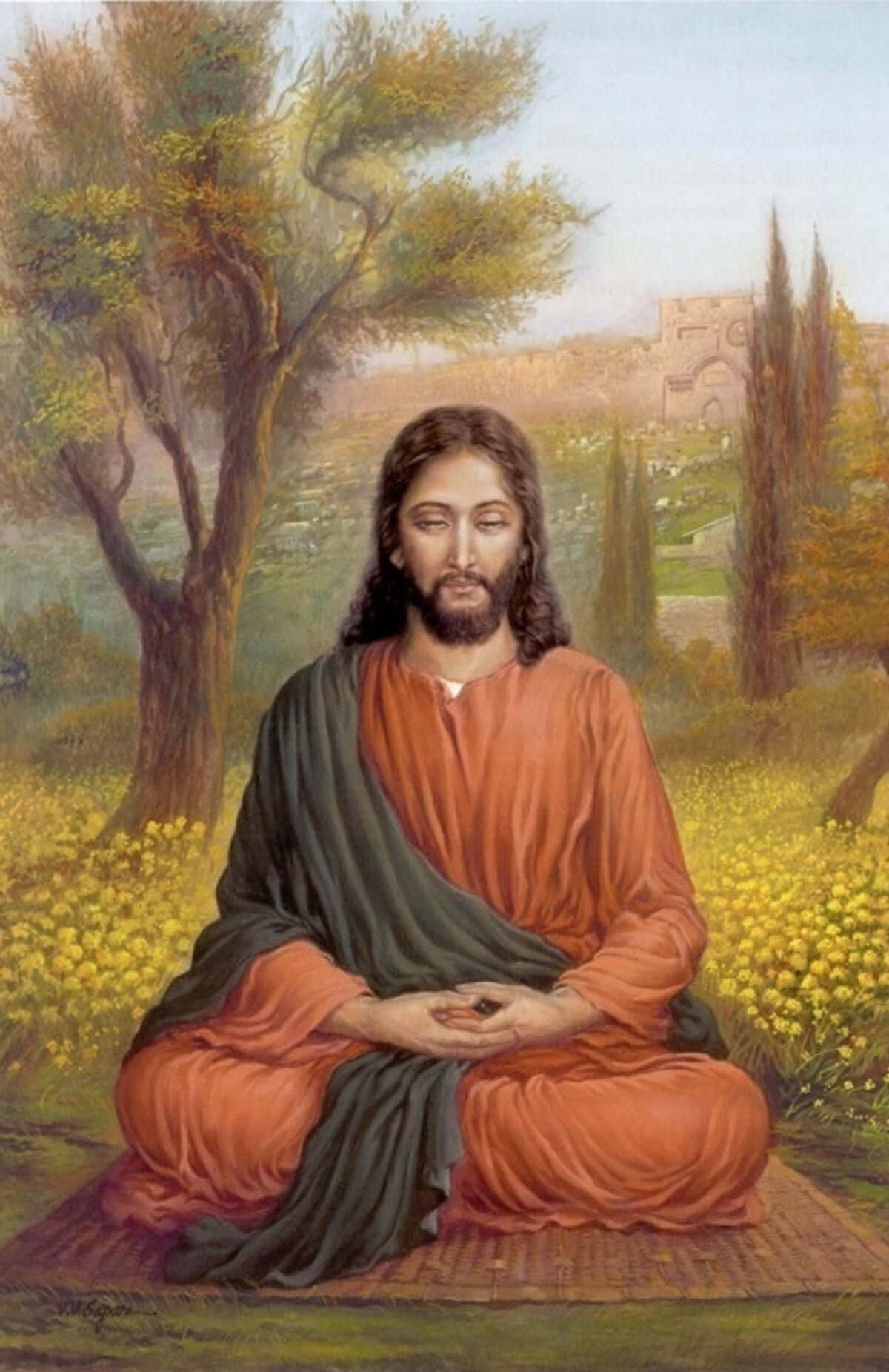 耶穌 桌布 壁紙 — 耶穌基督在遠處有古老遺跡的樹下，在一片陽光明媚的黃色花田中平靜地祈禱。