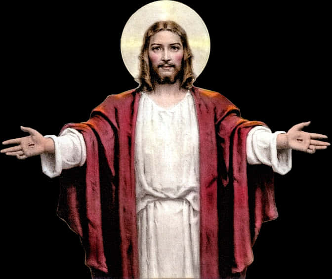 Christ 桌布 壁紙 — 耶穌基督帶金色光環，身穿白袍和紅斗篷，雙臂張開，站在黑色背景前。