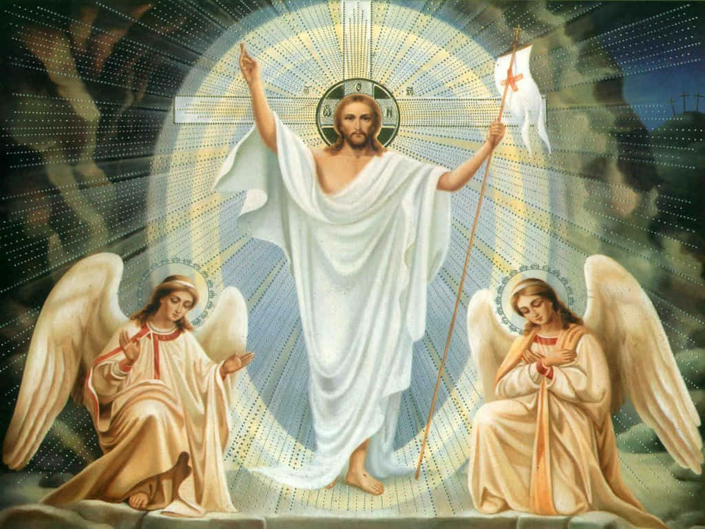 神 桌布 壁紙 — 耶穌基督張開雙臂，散發神聖光芒，兩側有兩位跪著的天使，呈現天國場景。