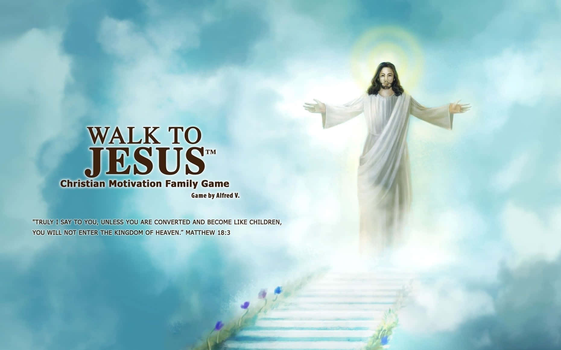 Jesus Name 桌布 壁紙 — 耶穌基督張開雙臂站在雲端發光的樓梯頂端，散發神聖光芒。