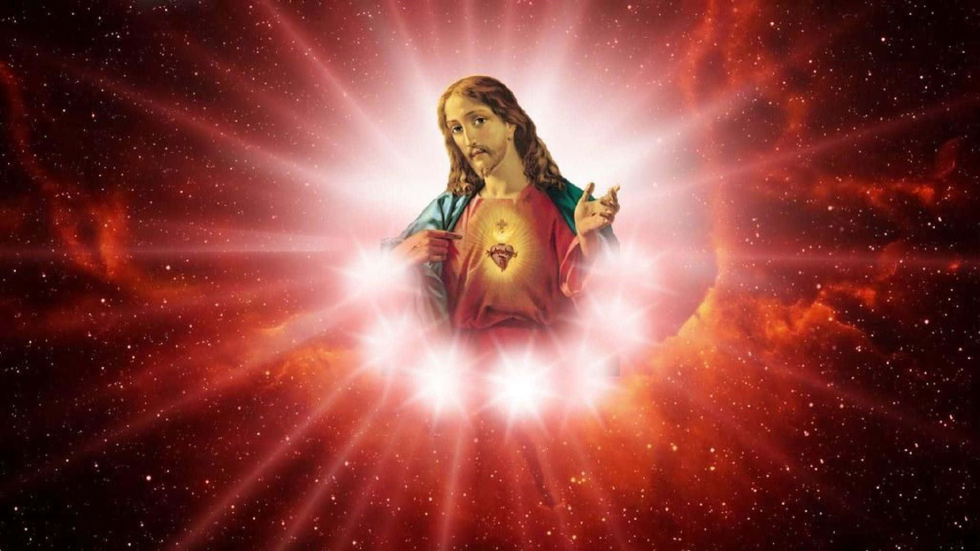 神 桌布 壁紙 — 耶穌基督從祂的聖心散發出神聖的光芒，背景是熾熱的宇宙星雲。