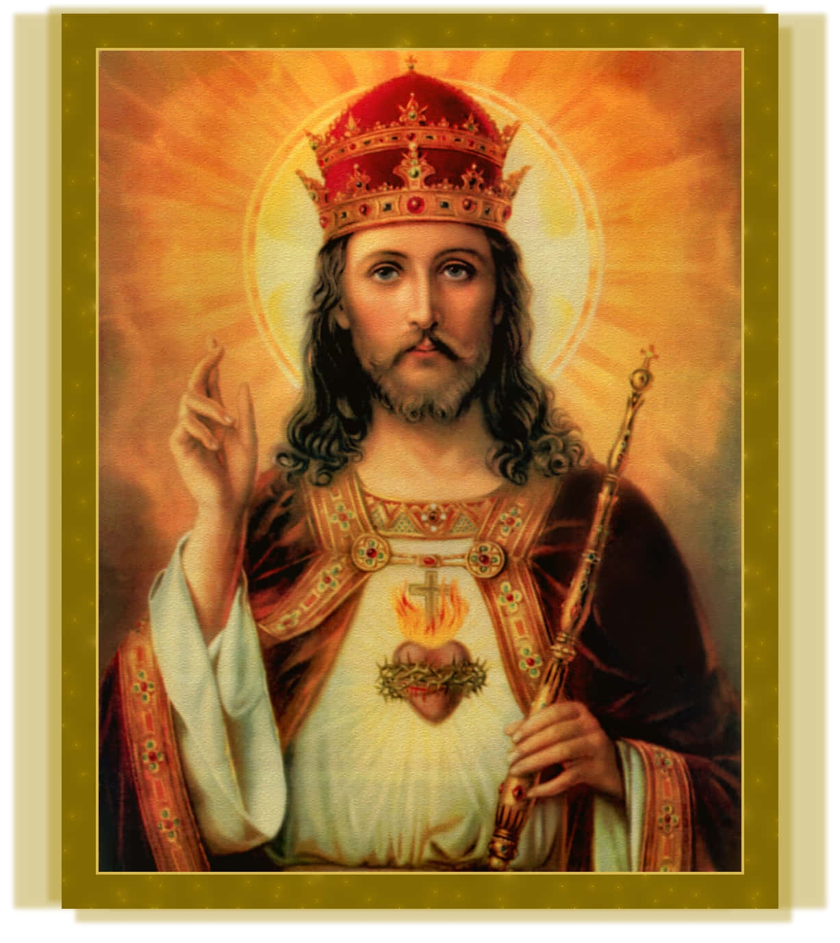 Jesus Is King 桌布 壁紙 — 耶穌基督戴著冠冕，心臟燃燒著火焰，手持權杖，在光芒四射的金色光環襯托下向上方做手勢。
