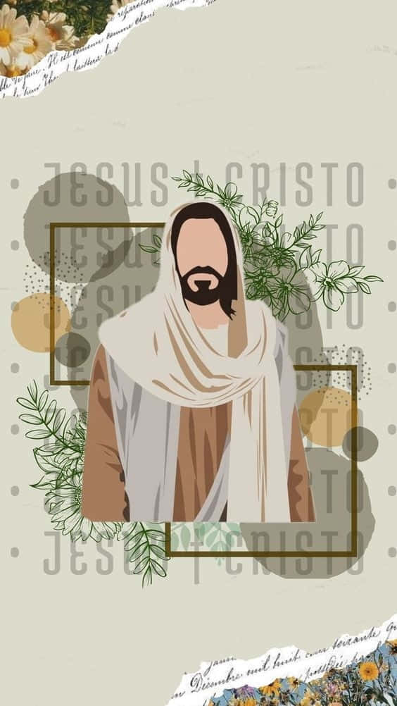 Aesthetic Jesus 桌布 壁紙 — 耶穌基督的插圖肖像，身穿白色長袍，被綠色植物和文字疊加框住，背景為米色。
