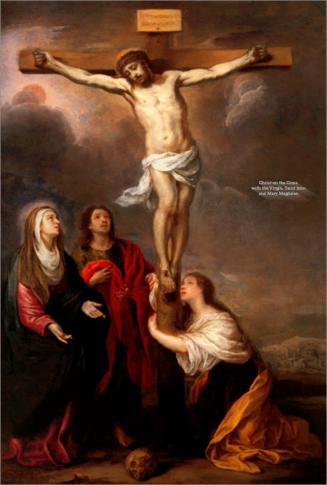 Mary Magdalene 桌布 壁紙 — 耶穌基督被釘十字架，聖母瑪利亞、聖約翰和抹大拉的馬利亞在暴風雨的天空下哀悼。
