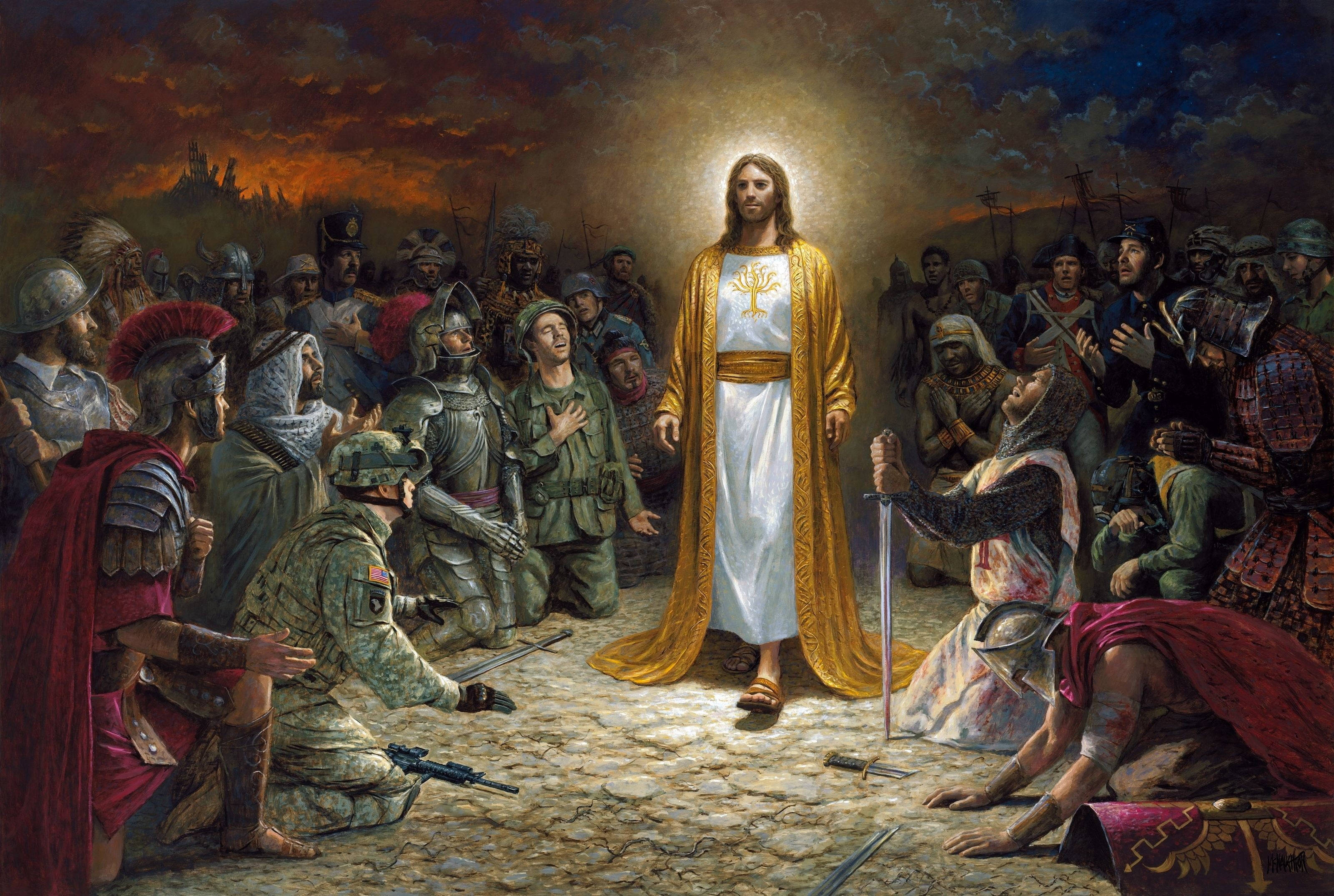 Christ 桌布 壁紙 — 耶穌基督身穿燦爛金色長袍，光芒四射地站立，不同時代和文化的士兵與人物在他面前敬畏地跪下。