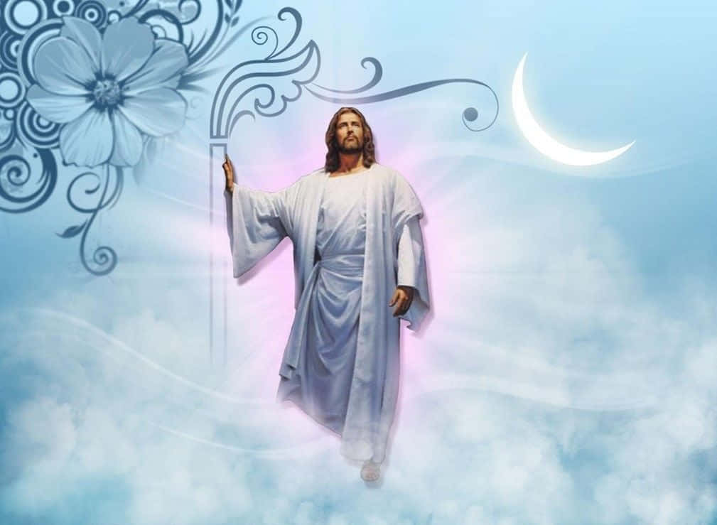 Savior 桌布 壁紙 — 耶穌基督身穿白袍，在柔和的雲朵中安詳漂浮，伴隨著新月和華麗的花卉漩渦，背景是天堂般的藍天。