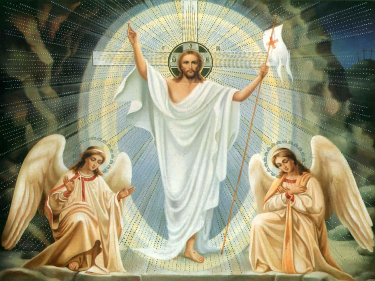 Angels Of God 桌布 壁紙 — 耶穌基督身穿白袍，手持頂端有紅十字的白旗杖，兩旁有兩位跪著、帶光環的天使，光芒四射地站立著。