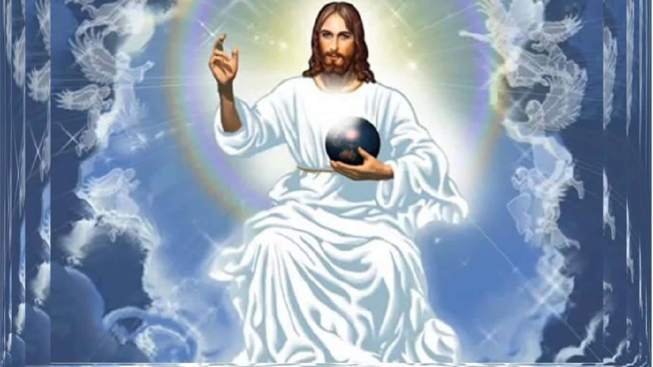 神 桌布 壁紙 — 耶穌基督身穿白袍，手持黑暗球體，被發光的天使和耀眼的光環環繞，背景是藍天。