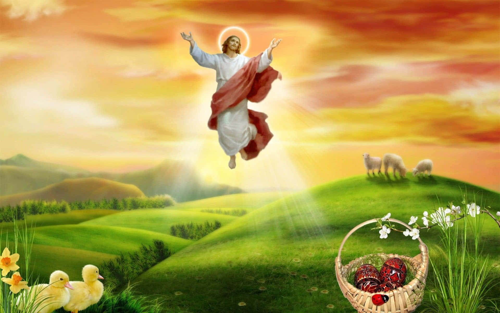 Jesus Resurrection 桌布 壁紙 — 耶穌張開雙臂，在綿延起伏的綠色山丘上昇天，羊群在吃草，復活節蛋放在籃子裡。