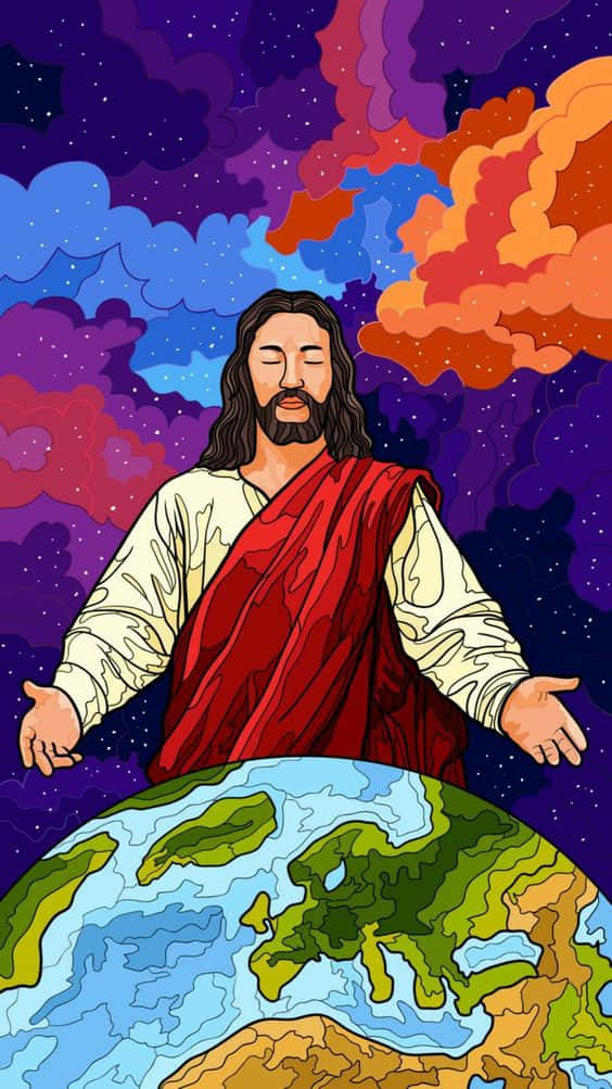 地球 桌布 壁紙 — 耶穌張開雙臂站在地球之上，背景是充滿活力的宇宙天空，有紫色、橙色和藍色的漩渦雲彩。