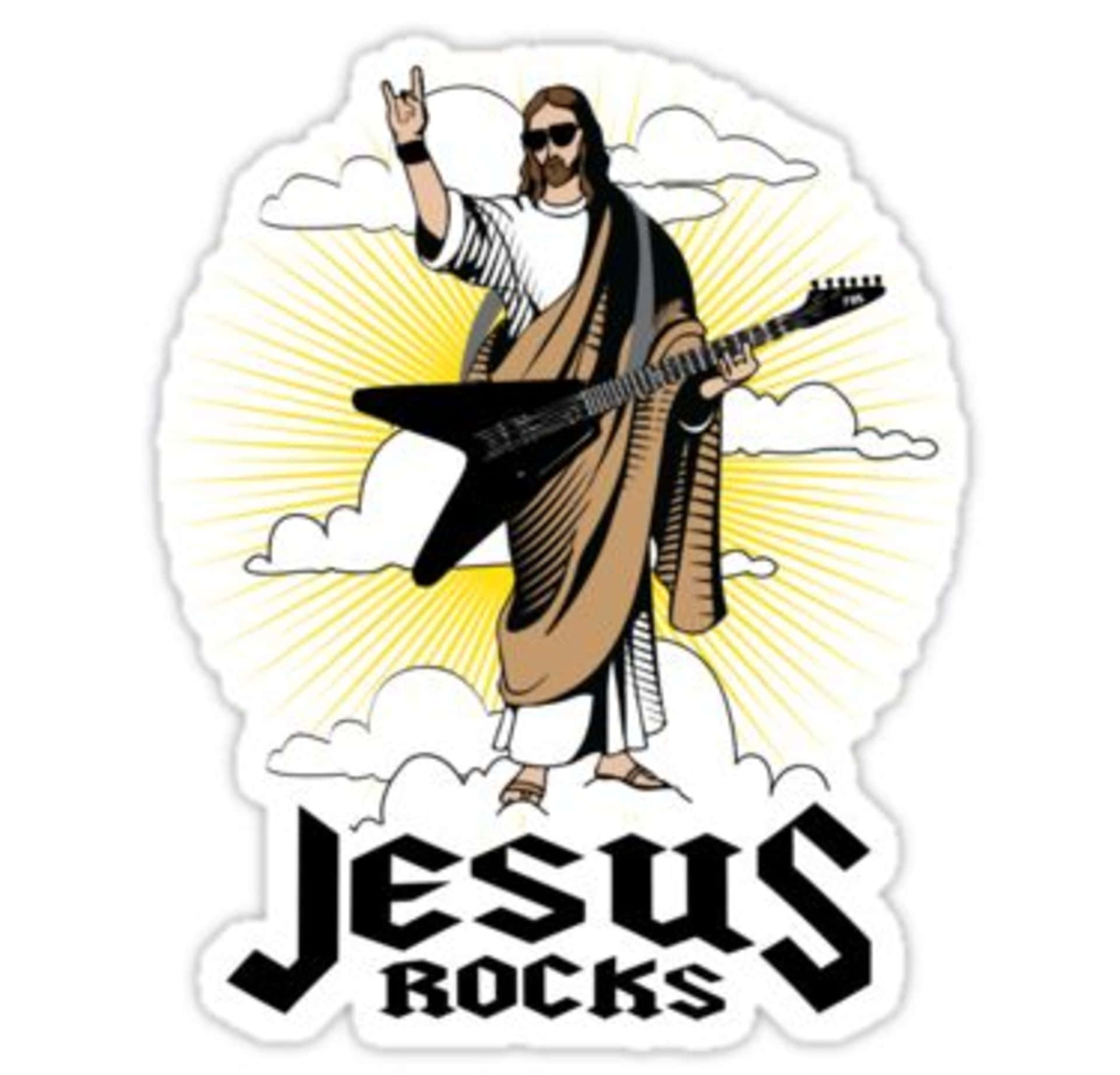 Cool Jesus 桌布 壁紙 — 耶穌戴著太陽眼鏡，手持黑色吉他，在黃色太陽和雲朵背景下做出搖滾手勢。