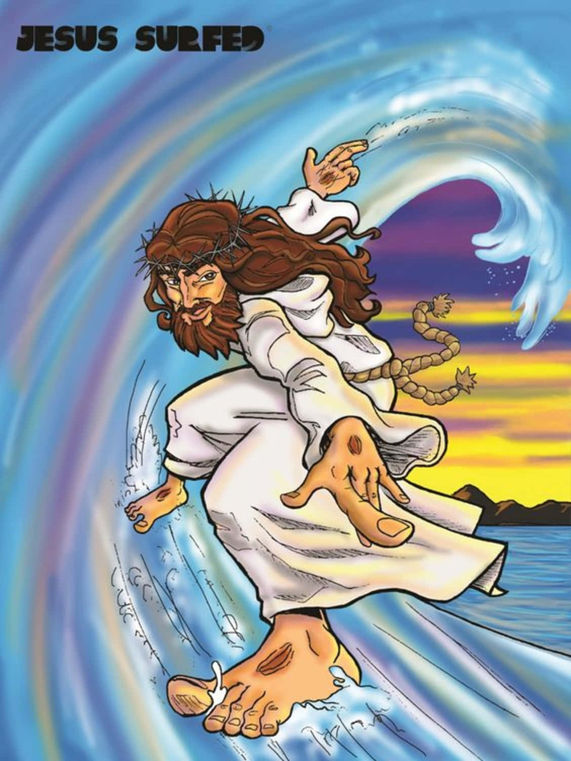 Cool Jesus 桌布 壁紙 — 耶穌戴著荊棘冠冕，在充滿活力的日落天空下乘著巨浪，動態卡通插圖。