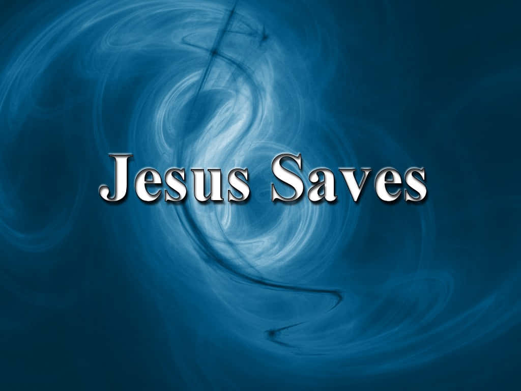 Jesus Saves 桌布 壁紙 — 「耶穌拯救」這句短語以金屬字體在旋轉的藍白抽象背景上發光。