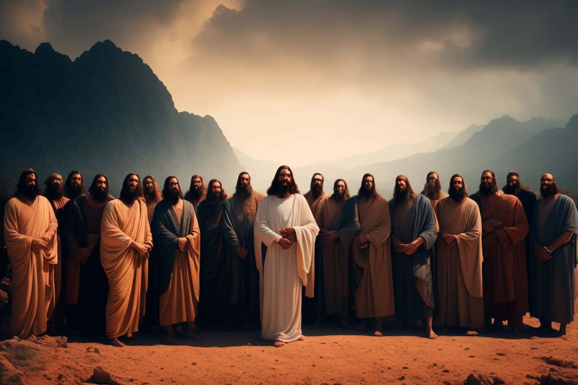 Jesus Disciples 桌布 壁紙 — 耶穌站在中央，十二門徒身穿垂褶長袍，背景是戲劇性的山脈，天空多雲。