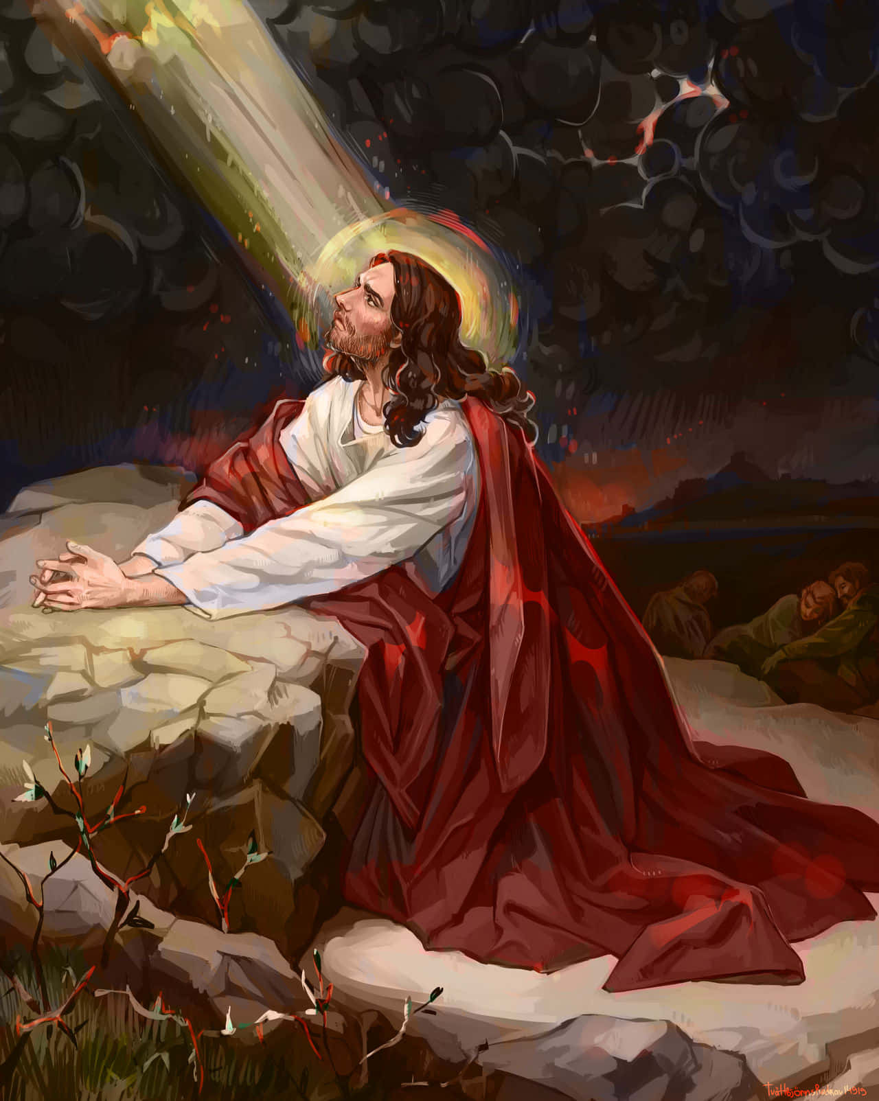 Jesus Praying 桌布 壁紙 — 耶穌跪在岩石地上，頭頂有光環，神聖的光芒穿透上方黑暗的暴風雲。