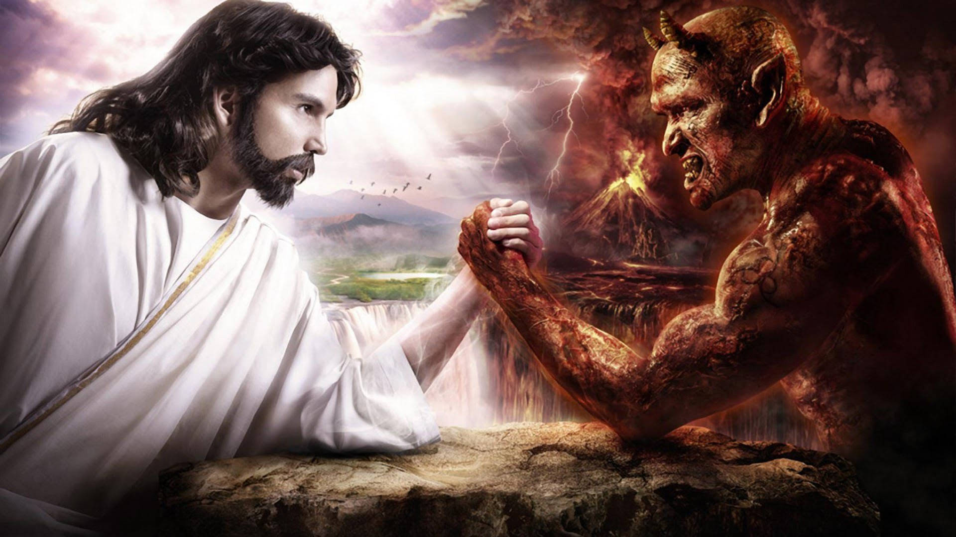 god full HD 桌布 壁紙 — 耶穌身穿白袍，在岩石懸崖上與肌肉發達的紅色惡魔比腕力，身後有閃電和火山。