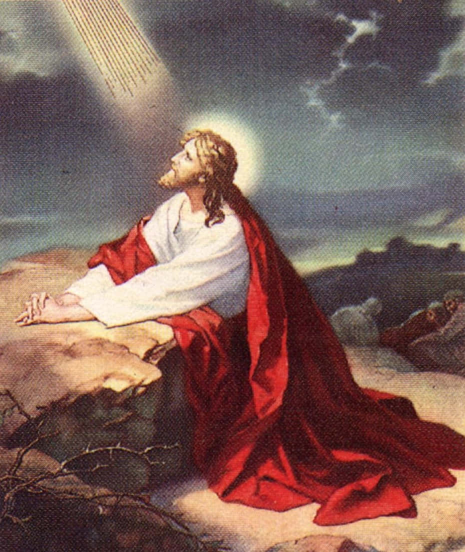 Jesus Praying 桌布 壁紙 — 耶穌身穿紅色長袍跪在岩石海岸上，神聖的光芒從暴風雨的天空中照射下來。