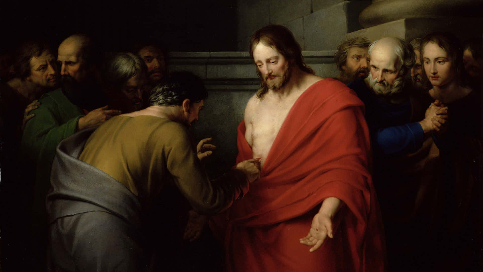 Religious Art 桌布 壁紙 — 耶穌身穿紅袍，平靜地站著，一名男子檢查祂受傷的肋旁，周圍有旁觀者，在一個光線昏暗的石室中。