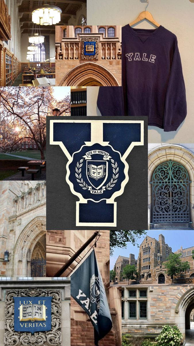 標誌 桌布 壁紙 — 耶魯大學圖像拼貼， featuring 哥德式建築校園建築物、帶有耶魯字樣的深藍色運動衫和大學徽章。