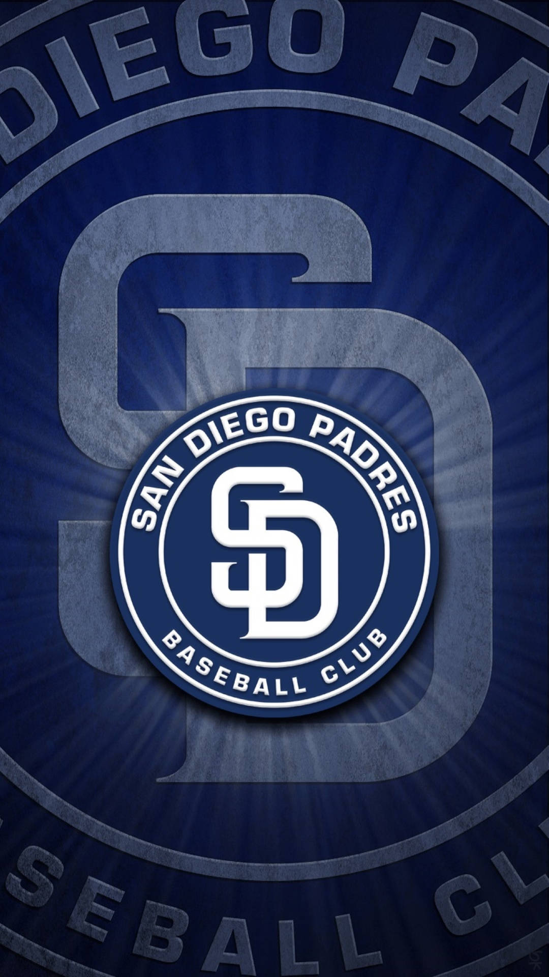 Padres 桌布 壁紙 — 聖地牙哥教士隊棒球俱樂部標誌從中央徽章向外輻射，背景為帶有細微放射線的紋理藍色背景。