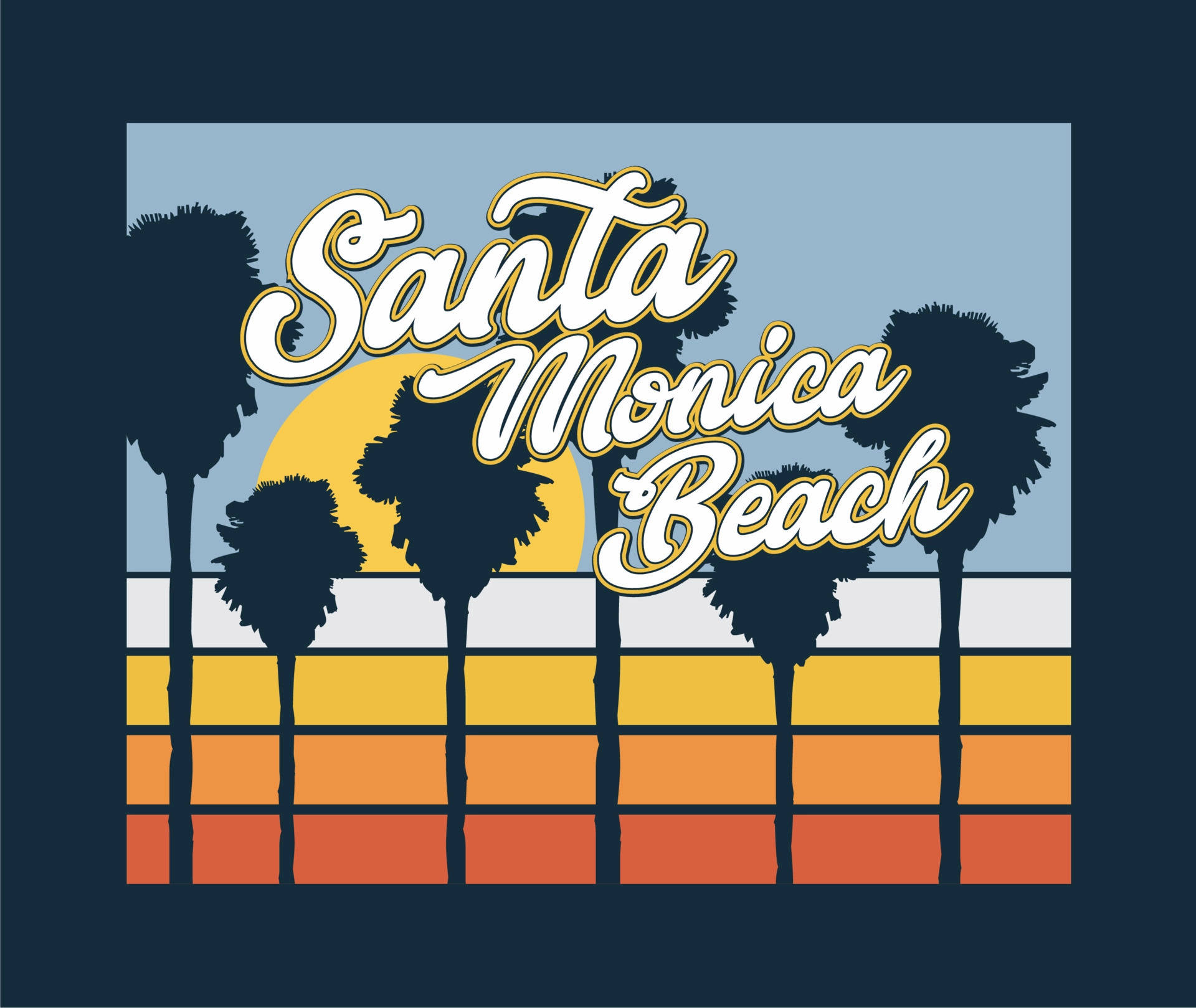 Monica 桌布 壁紙 — 聖塔莫尼卡海灘的復古懷舊圖形，棕櫚樹在夕陽和水平色帶的襯托下形成剪影。